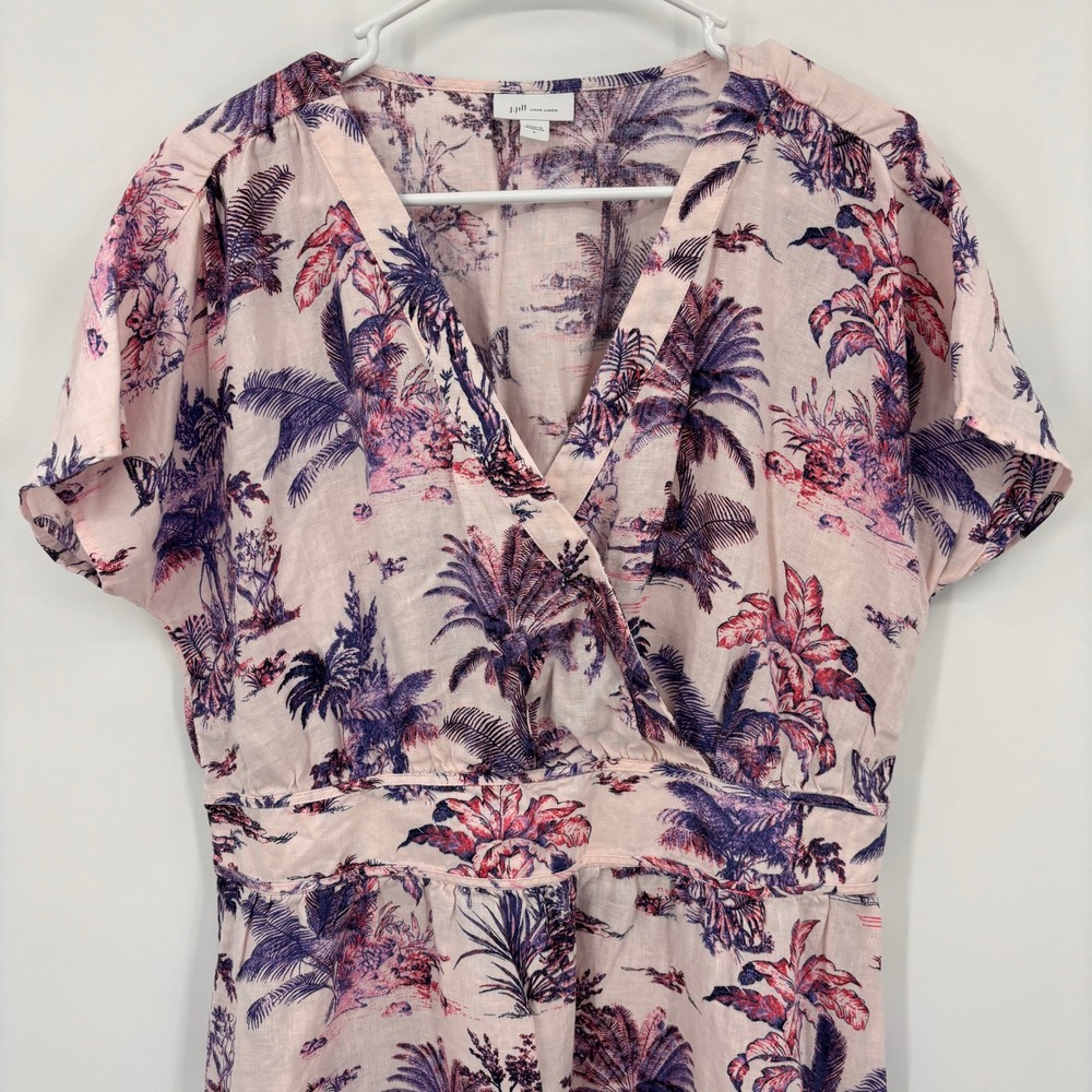 J.Jill Love Linen Dress Womens L Pink Tropical Palm Toile V-Neck Midi Excellent